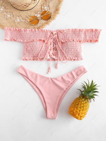 Купить zaful shirred lace-up bardot bikini set ( id 284122701 )