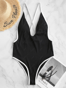 Купить zaful ribbed contrast piping crisscross one-piece swimsuit ( id 460050004 )