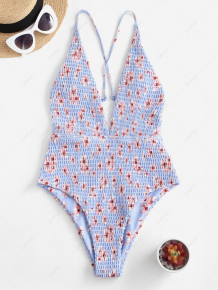 Купить zaful floral smocked plunge criss cross swimsuit ( id 460959701 )