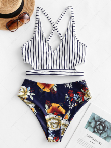 Купить zaful crisscross knot floral striped tankini swimsuit ( id 458391308 )