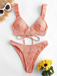 Купить zaful ribbed lace up plunging ruffle bikini swimsuit ( id 460842002 )