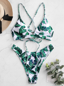 Купить zaful palm leaf braided lace-up tropical bikini swimsuit ( id 460947004 )