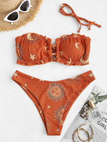 Купить zaful sun moon star print ruffled cutout tube bikini swimwear ( id 469241203 )
