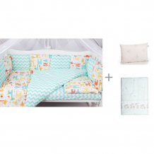 Купить комплект в кроватку amarobaby жирафики (15 предметов) с подушкой belashoff kids наше сокровище и одеялом сонный гномик холлофайбер 