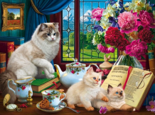 Купить рыжий кот роспись по холсту котята и чайный сервиз 50х40 см х-8096