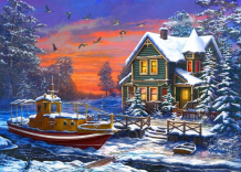 Купить рыжий кот роспись по холсту снежный домик на закате 40х30 см х-4948