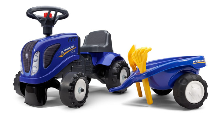 Купить каталка falk трактор new holland с прицепом, граблями и лопатой f0280c