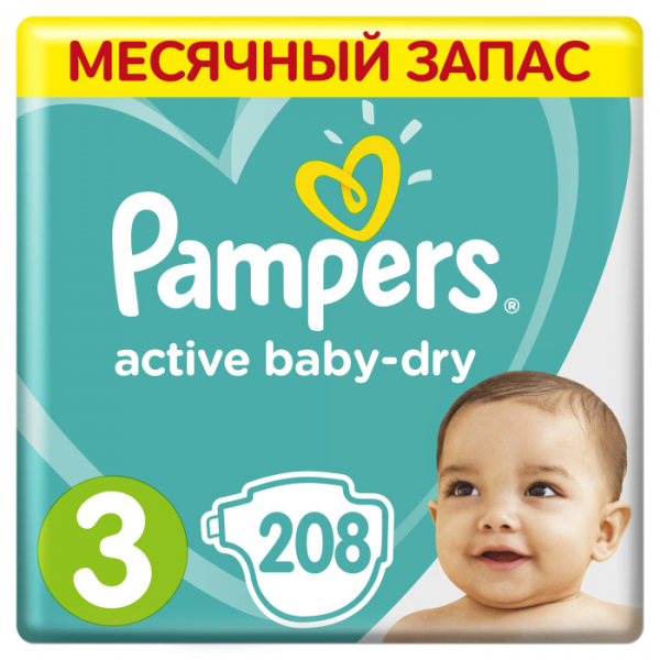 Купить pampers подгузники active baby-dry р.3 (6-10 кг) 208 шт. pa-81668014