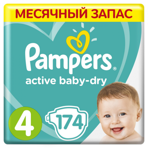 Купить pampers подгузники active baby-dry р.4 (9-14 кг) 174 шт. pa-81665559