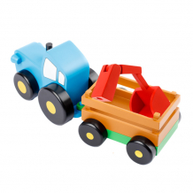 Купить деревянная игрушка мультифан синий трактор малый с прицепом и ковшом btmf7982