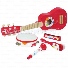 Купить музыкальный инструмент janod набор красных музыкальных инструментов - гитара, бубен, губная гармошка, дудочка, трещотка j07626