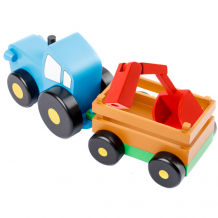 Купить деревянная игрушка мультифан синий трактор средний с прицепом и ковшом btmf8083