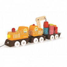 Купить каталка-игрушка janod на веревочке поезд с краном и цветными фигурами j08089