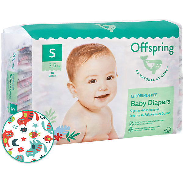 Купить эко-подгузники offspring котики s 3-6 кг., 48 шт. ( id 10827145 )